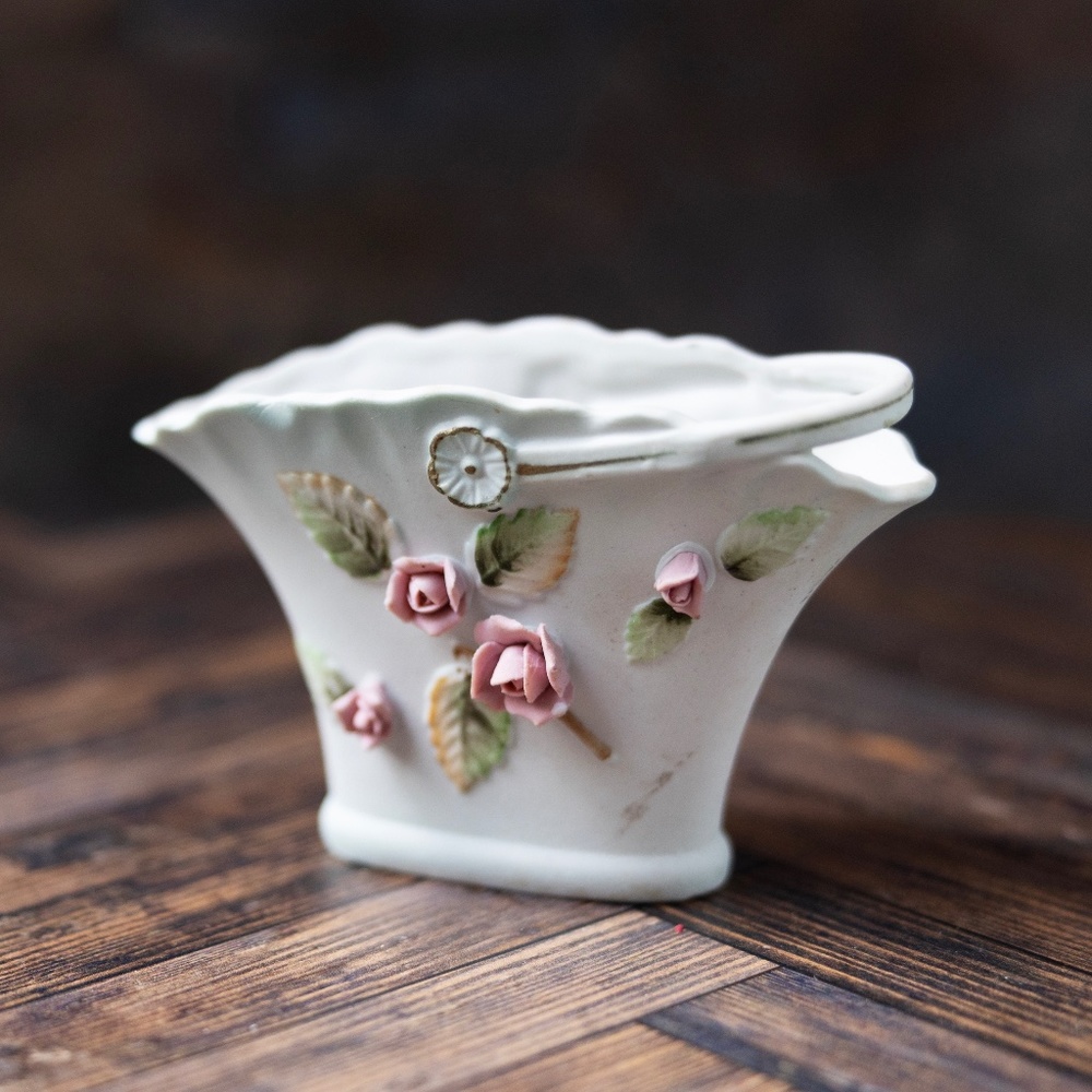 Tilso Japan basket shaped bisque porcelain vase pink roses vintage hand painted